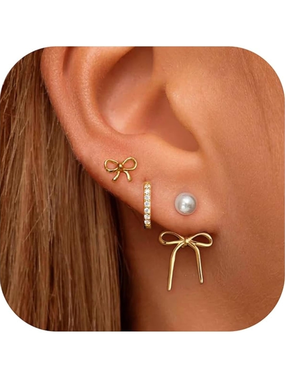 Gold Bow and Pearl Stud Earring Set - Women Jewelry